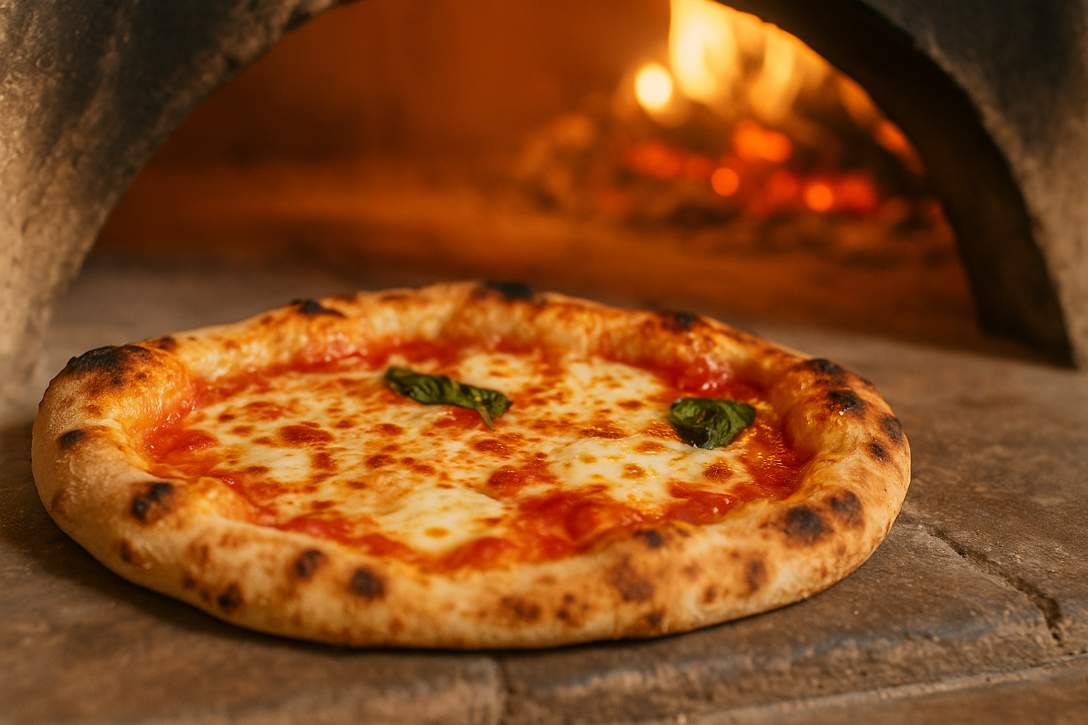 Wood fired Neapolitan pizza with a perfect crust coming out of the oven